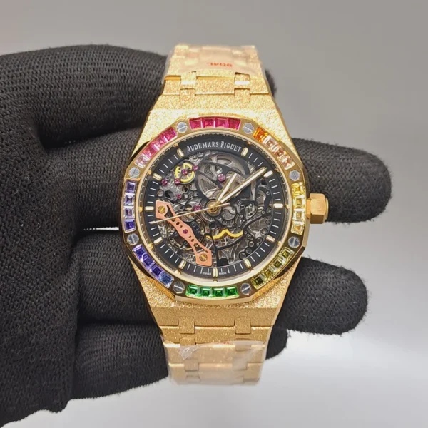 Audemars Piguet Royal Oak Full Golden Black Skeleton Dial Diamond Bezel Master Gold Automatic Watch
