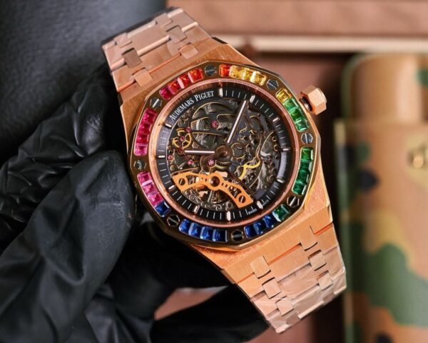 Audemars Piguet Royal Oak Full Rose Gold Black Skeleton Dial Diamond Bezel Master Automatic Watch