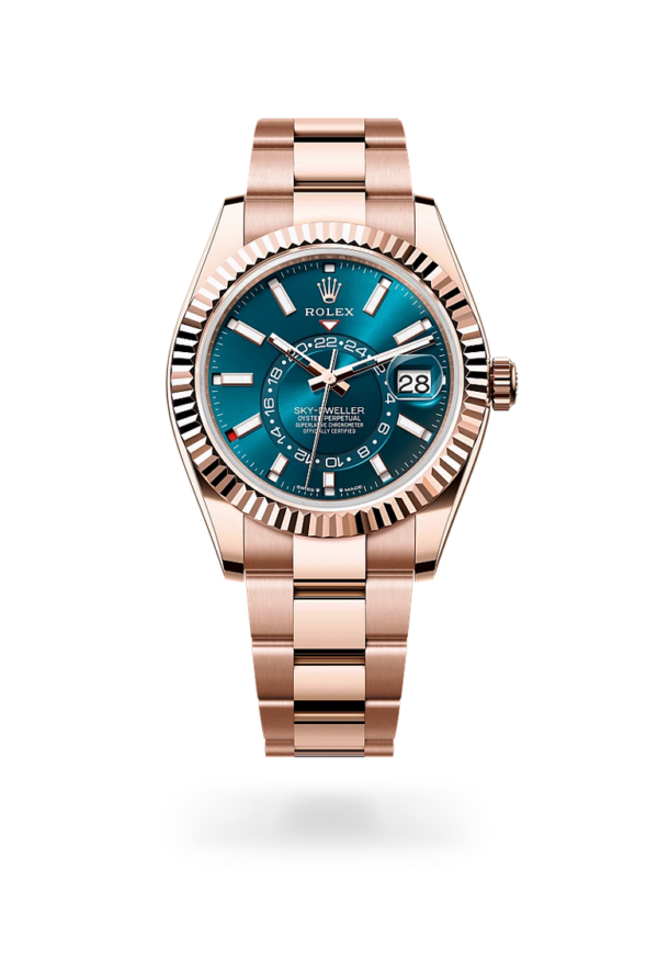 Rolex SkyDweller Rose Gold Blue Dial Oyster Chain Automatic Mens Watch