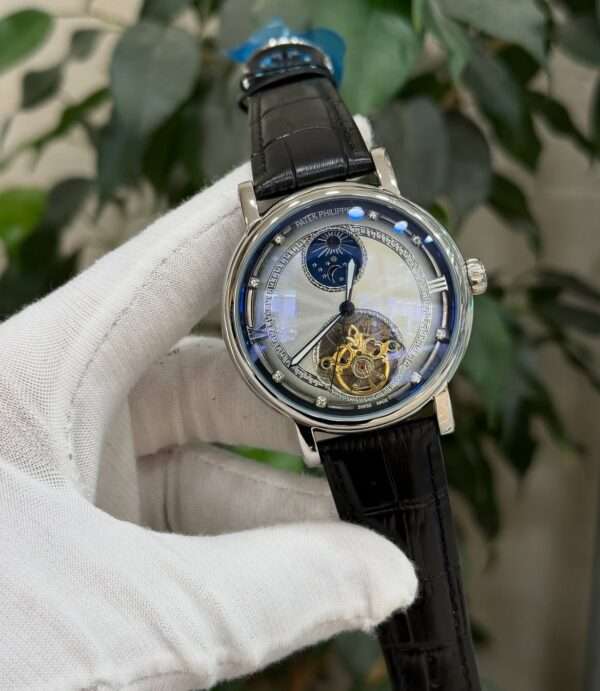 Patek Philippe Tourbillon Moonphase Style – Silver Dial & Black Leather