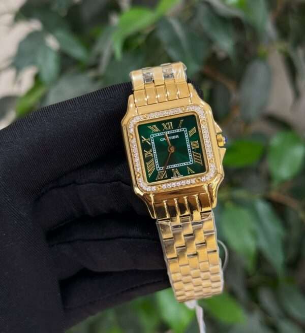 Cartier Panthère Style – Green Dial & Gold-Tone Pavé Bezel