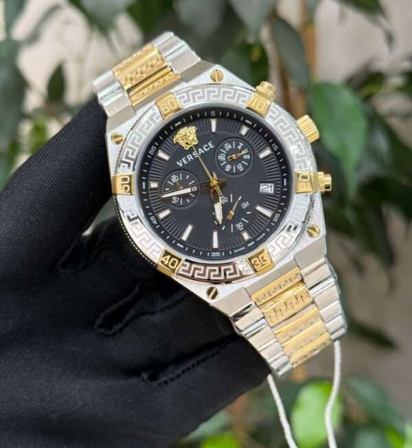 Versace Chronograph Style – Black Dial & Two-Tone Greca Bracelet