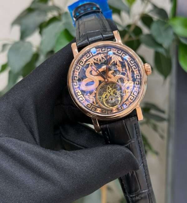 Luxury Dragon Tourbillon Style – Rose Gold & Black Leather