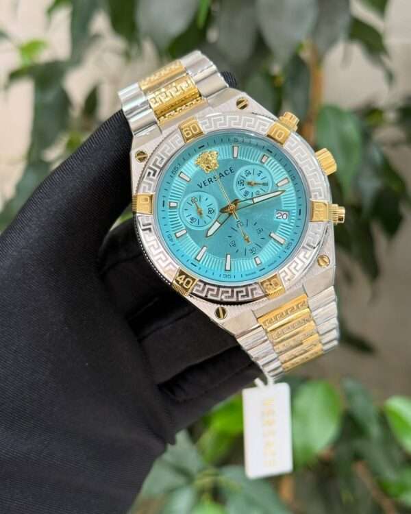 Versace Greca Chrono Style – Turquoise Blue Dial & Two-Tone Bracelet