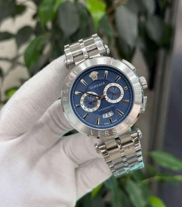 Versace Chronograph Style – Blue Dial & Engraved Bezel