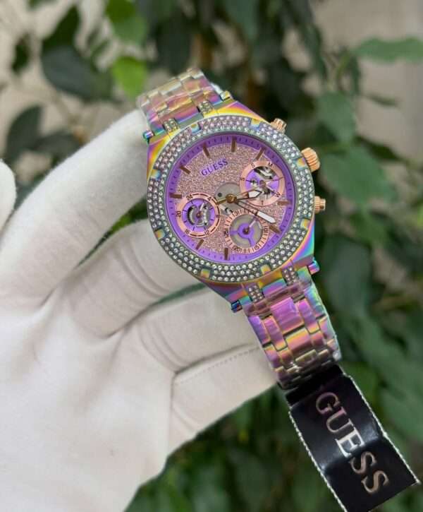 GUESS Multifunction Style – Purple Pavé Dial & Rainbow-Tone Bracelet