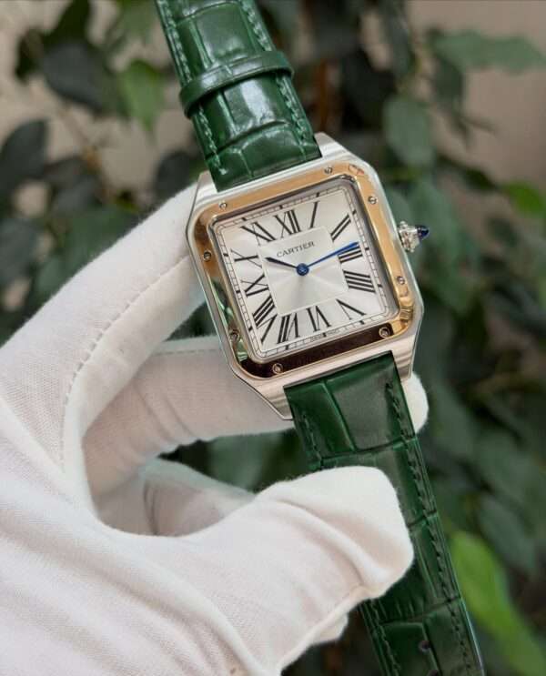 Cartier Santos Style – White Dial & Green Leather Strap