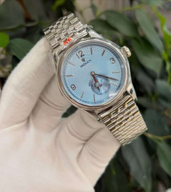 Rolex Style – Ice Blue Guilloché Dial & Fluted Bezel