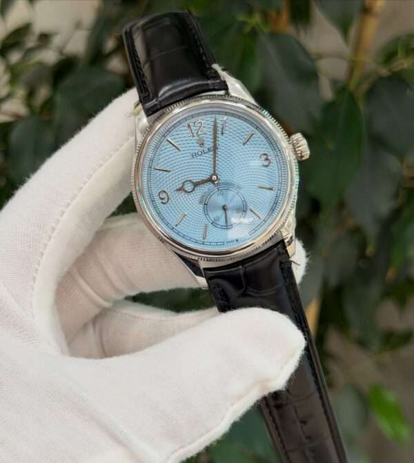 Rolex Cellini Style – Ice Blue Guilloché Dial & Black Leather Strap